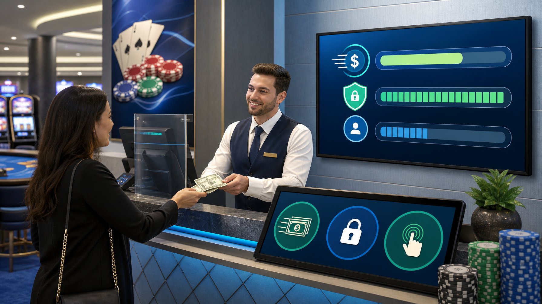 A Casino Cashier Counter With A Cashier Assisting A Customer, Digital Displays Showing Transaction Progress And Limits, And Casino Elements In The Background.