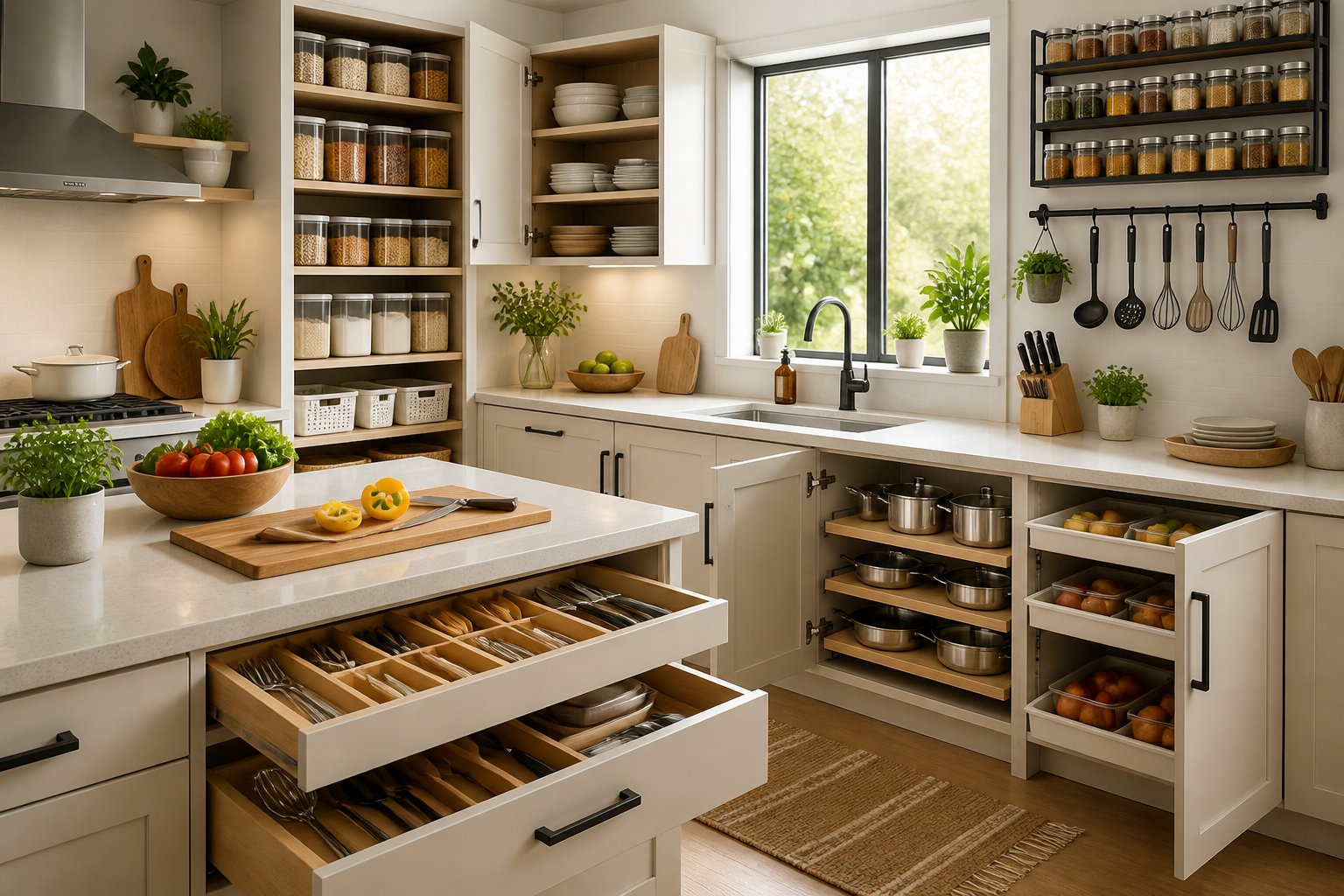 A tidy modern kitchen with organized shelves, drawers, and countertops featuring kitchen tools and fresh vegetables.