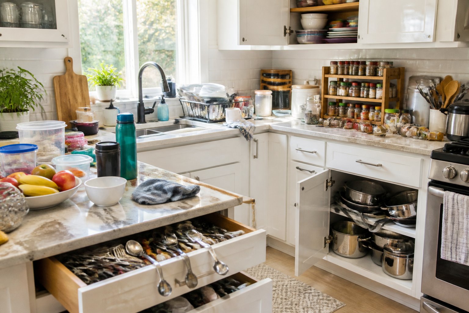 A modern kitchen showing common clutter issues like messy drawers, crowded countertops, disorganized spice rack, and open cabinets with scattered pots and pans.