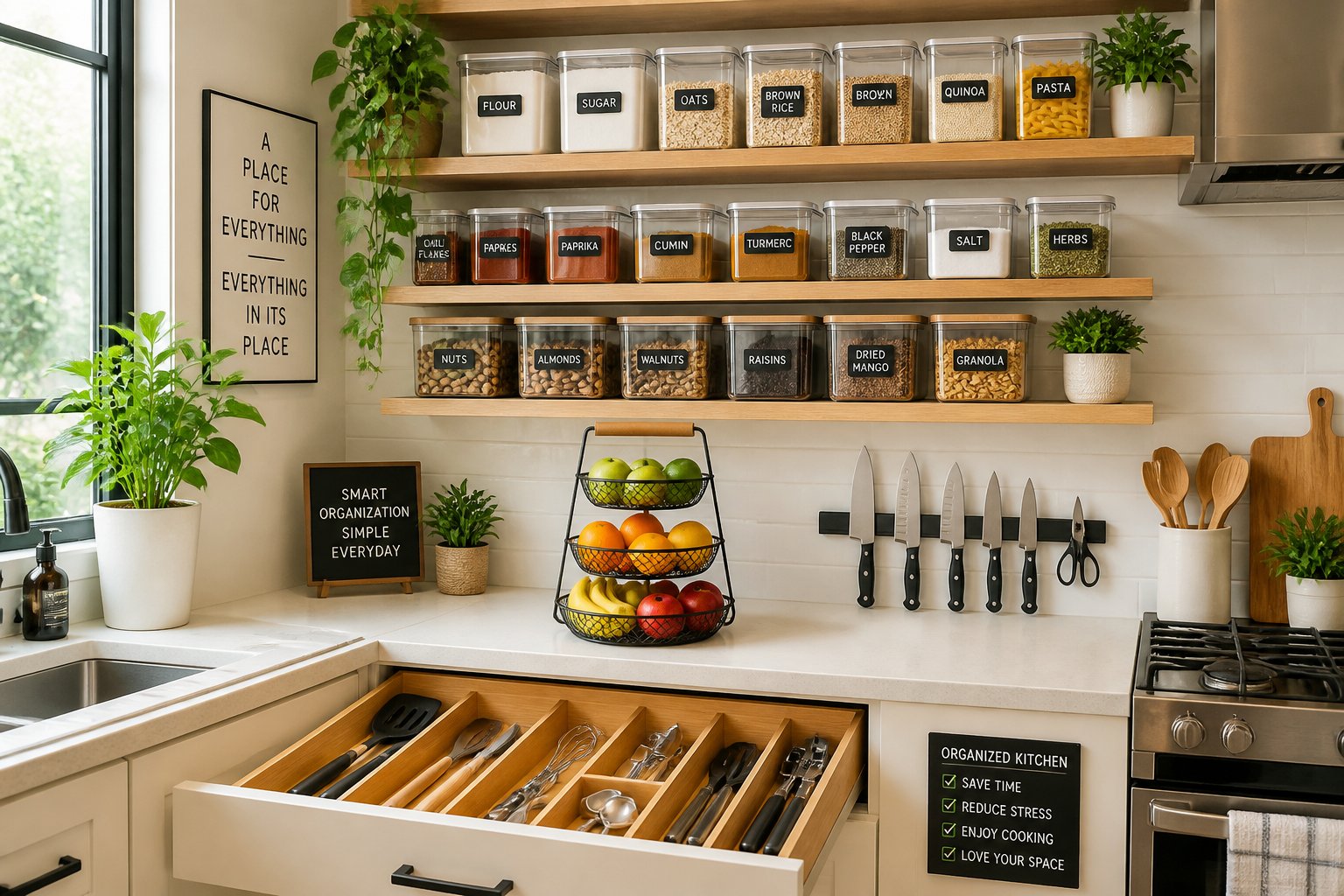 A modern kitchen with neatly organized shelves, drawers, and countertop featuring containers, utensils, and kitchen tools arranged efficiently.