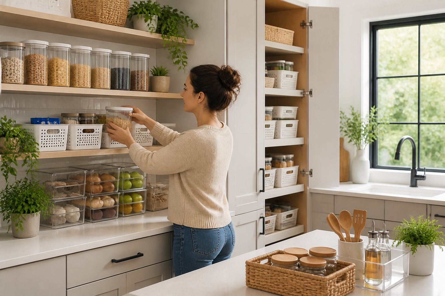 A modern kitchen with organized shelves and cabinets, showing a person arranging kitchen items neatly.
