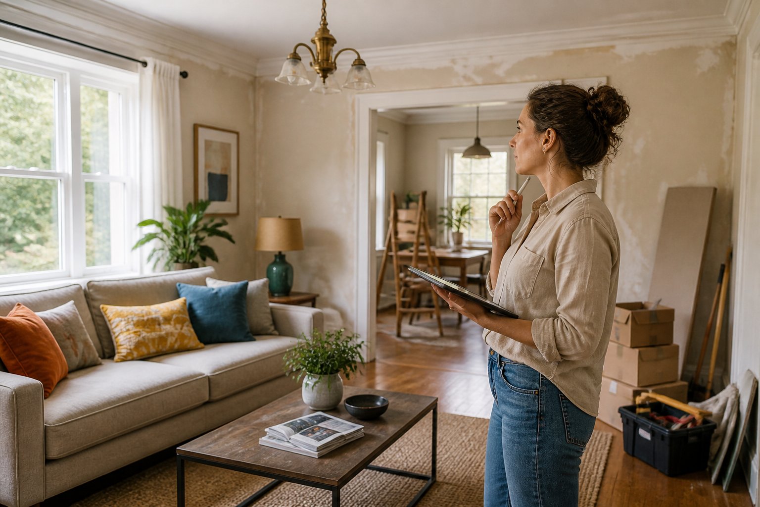 A modern living room with a sofa, coffee table, natural light, and a person planning home improvements.