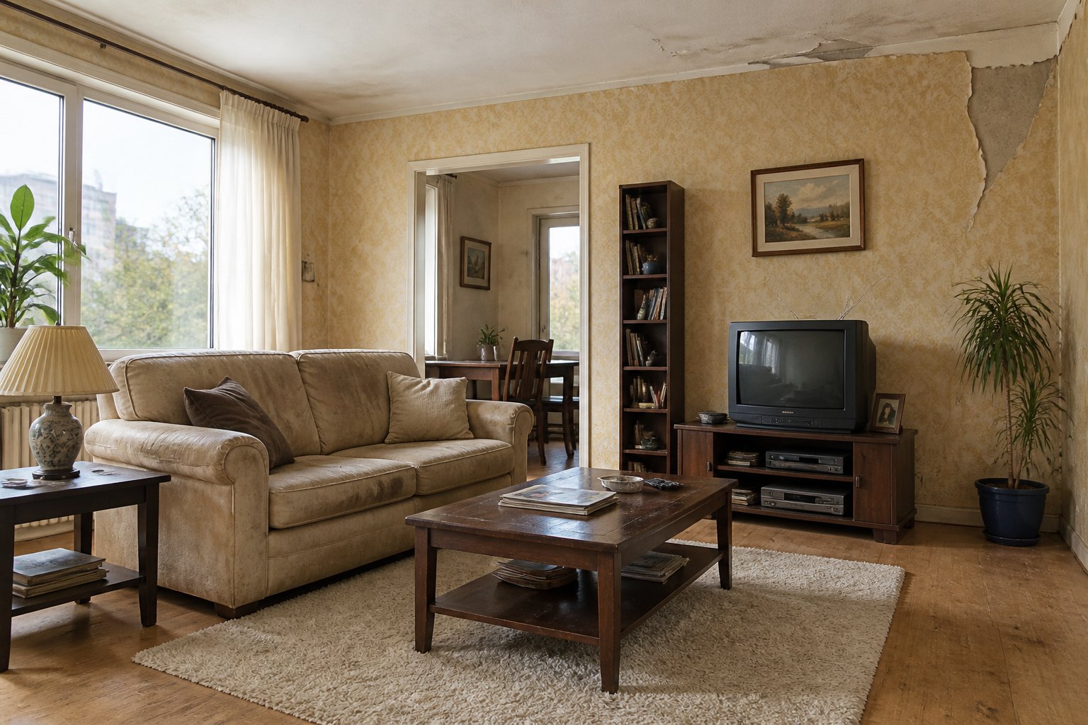 A living room with worn furniture, peeling wallpaper, and dim lighting showing signs that it needs updating.