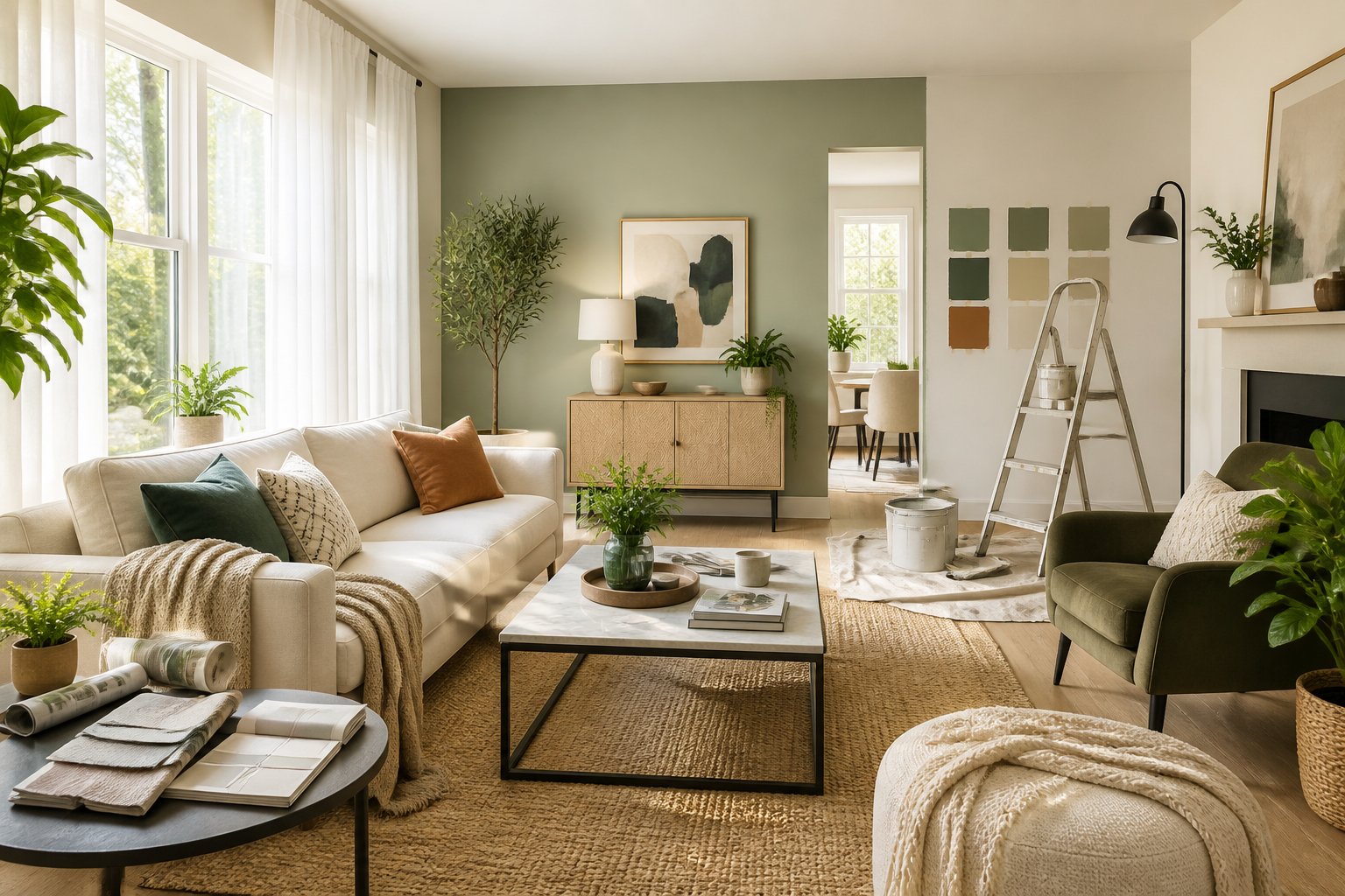 A bright living room with fresh paint, new furniture, and home improvement materials indicating a home makeover in progress.
