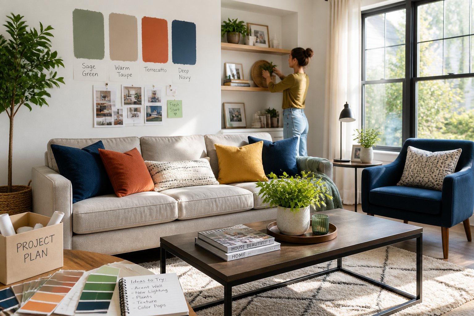 A modern living room with a sofa, coffee table, paint samples on the wall, and a person arranging decorations on a shelf.