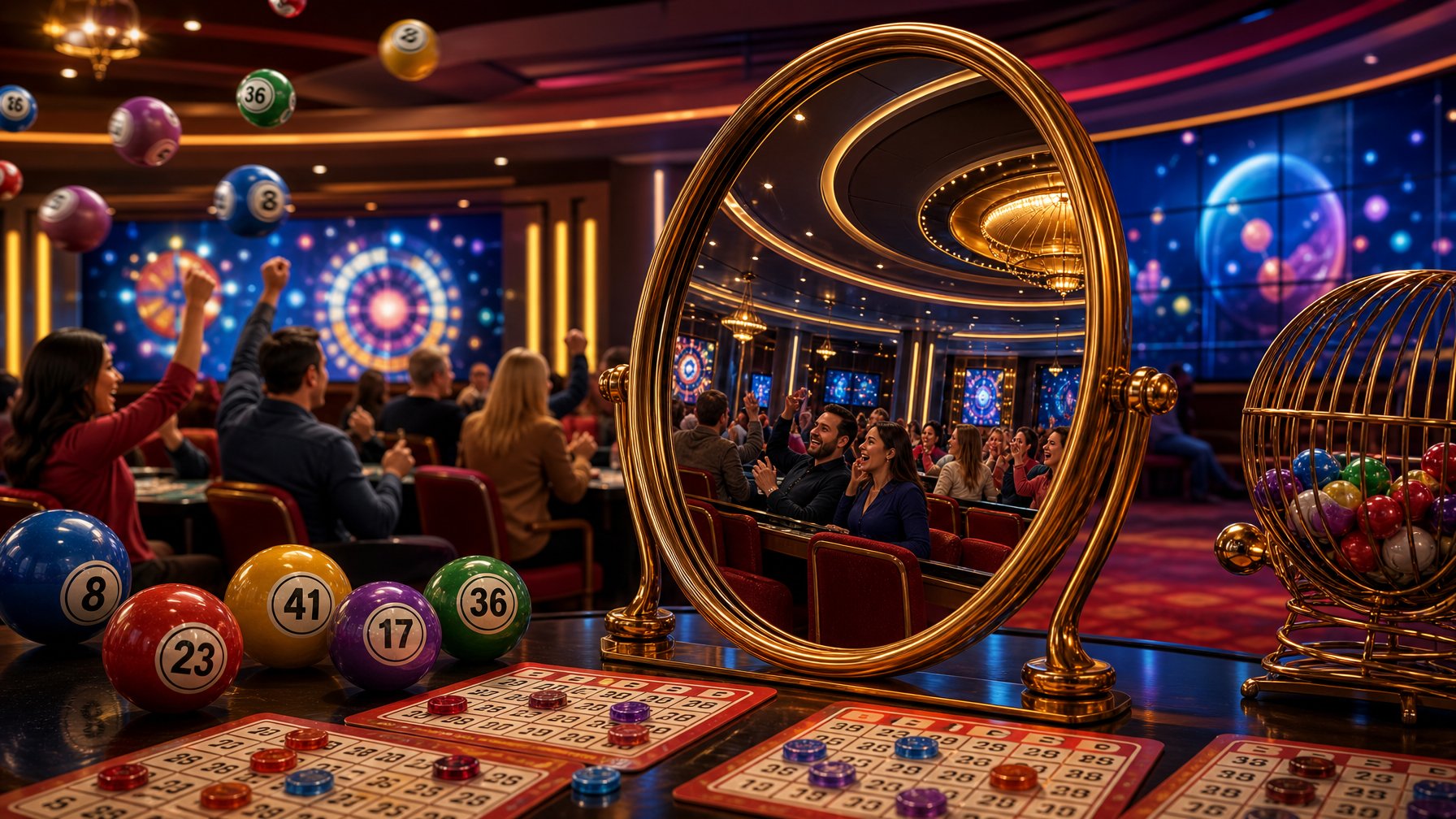 A Lively Casino Scene With Bingo Cards, Colorful Balls, And A Mirror Reflecting Players Enjoying The Game.