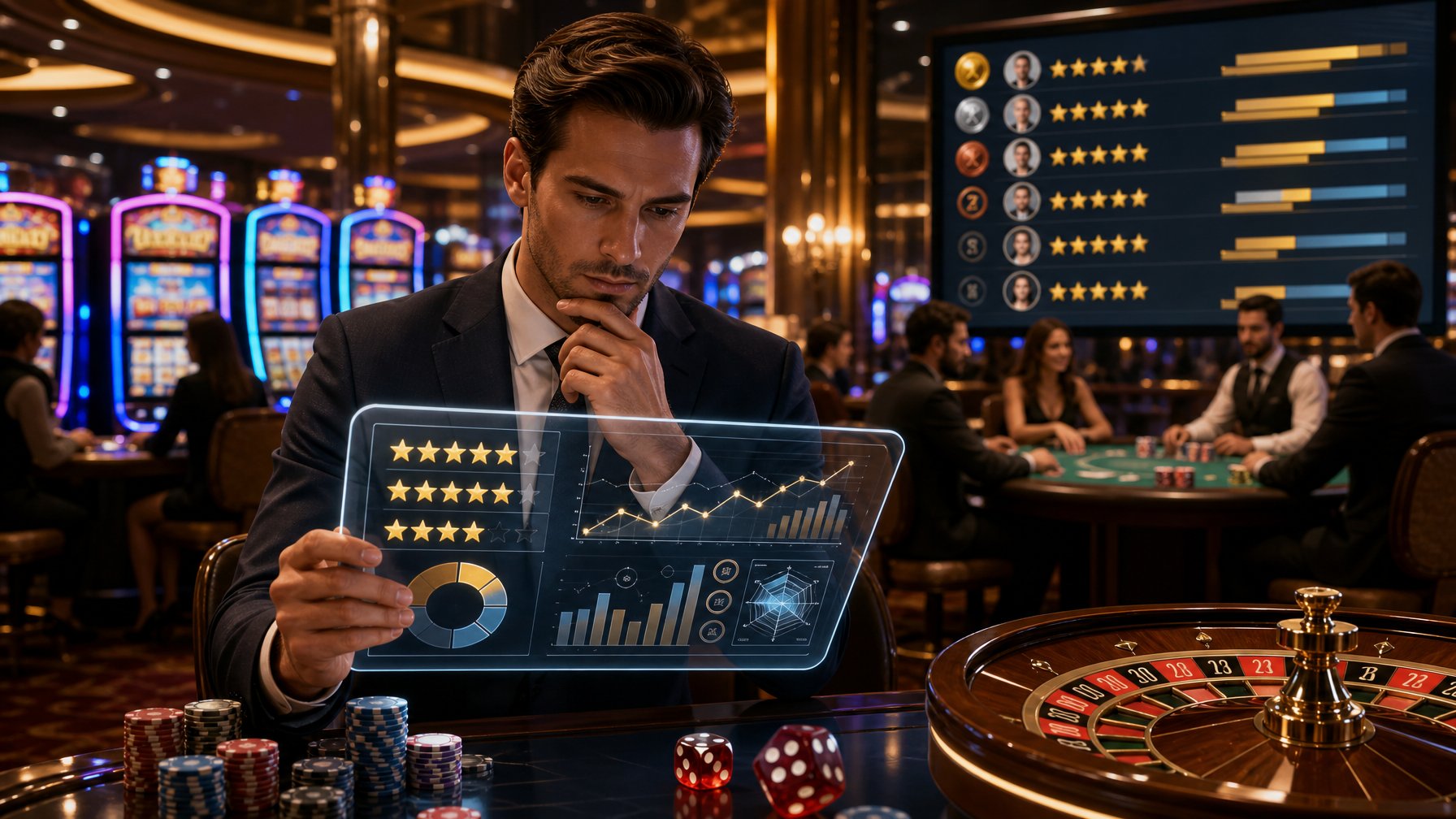 A Person Analyzing Casino Data On A Digital Tablet In A Modern Casino With Slot Machines, Poker Tables, And Gaming Elements Around.