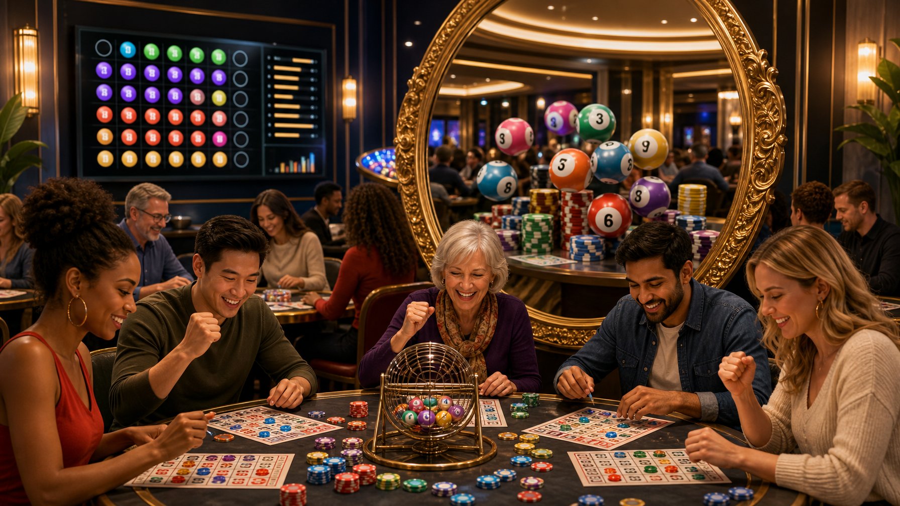 A Group Of Diverse Players Enjoying A Bingo Game In A Modern Casino With A Large Mirror Reflecting Bingo Balls And Chips.