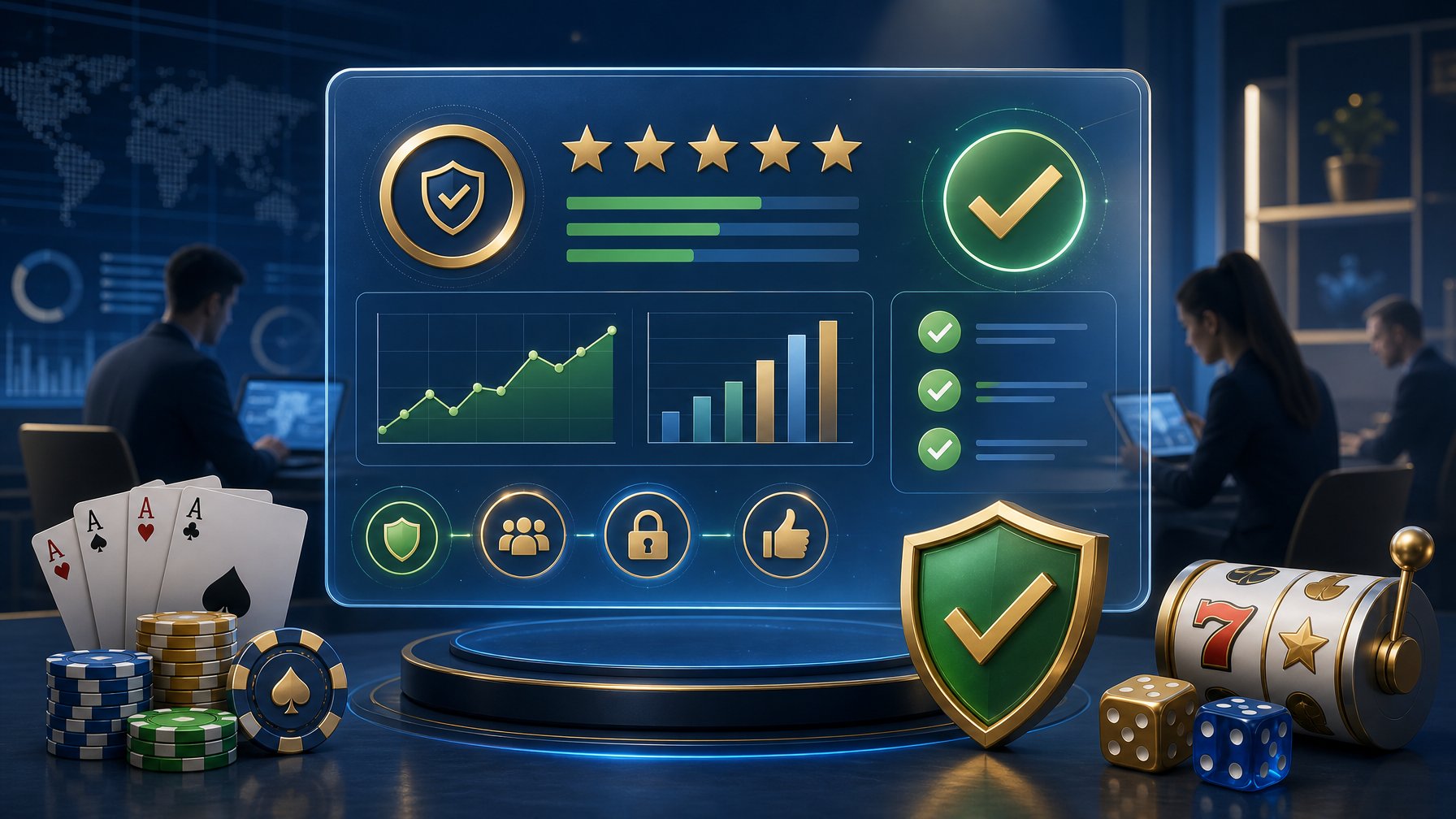 A Digital Interface Showing Graphs, Star Ratings, And CasinoRelated Icons Like Cards And Chips, With People In The Background Reviewing Data.