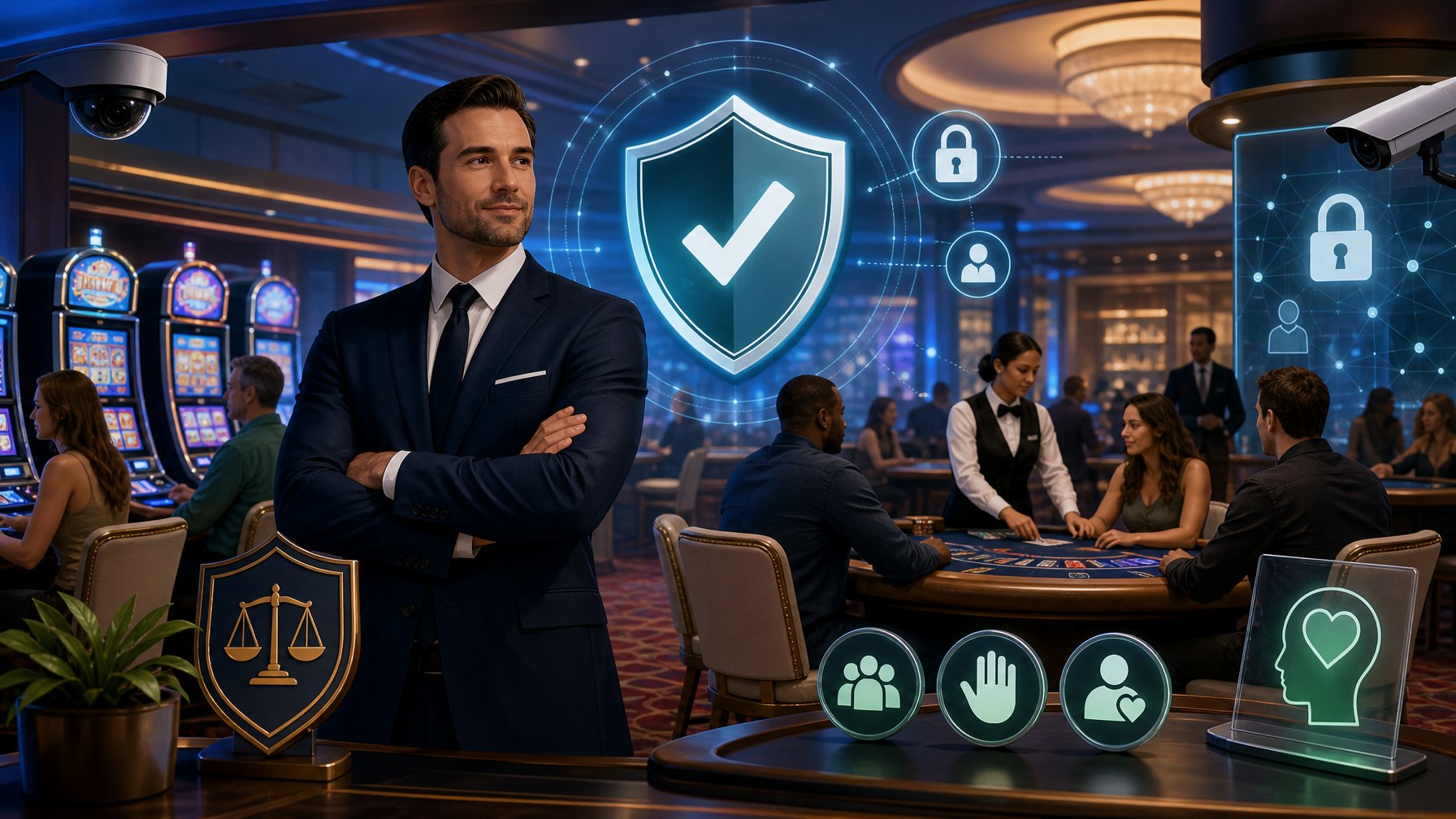 A Secure Casino Scene With An Operator Overseeing Players At Slot Machines And Card Tables, Featuring Symbols Of Licensing And Digital Security To Represent Player Protection.