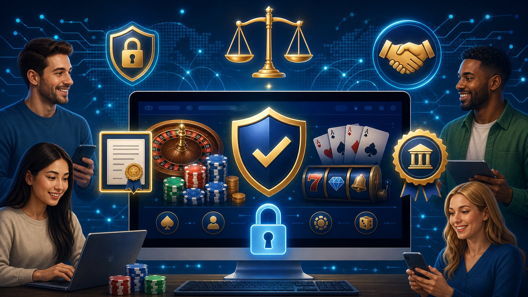 A Computer Screen Showing A Secure Online Casino Interface Surrounded By Diverse Players, With Symbols Of Security, Licensing, And Fair Play Like A Shield, Padlock, Certificate, Scales, And Handshake.