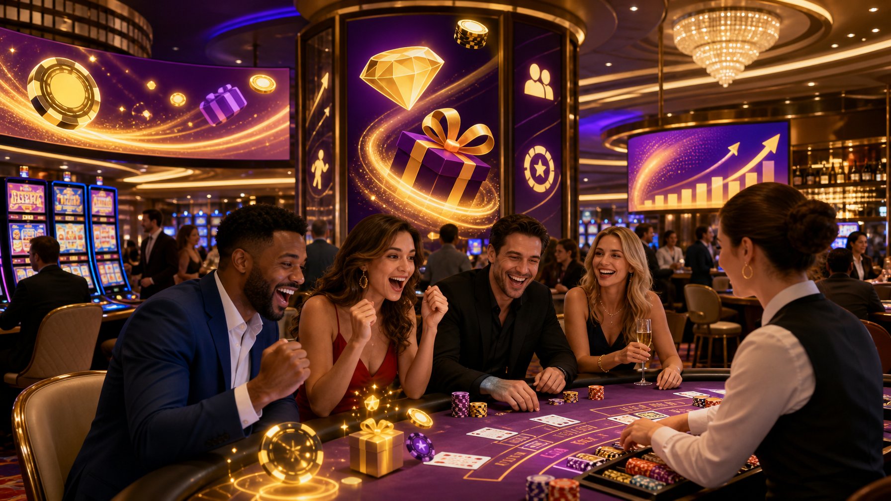 A Lively Casino Scene With Players Enjoying Games At Tables And Slot Machines, Surrounded By Glowing Chips And Digital Displays Indicating Rewards.