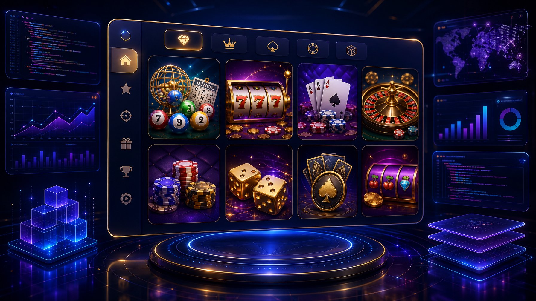 A Digital Games Library Interface Displaying Various Casino Game Icons With Abstract Graphical Elements Representing Software Depth.