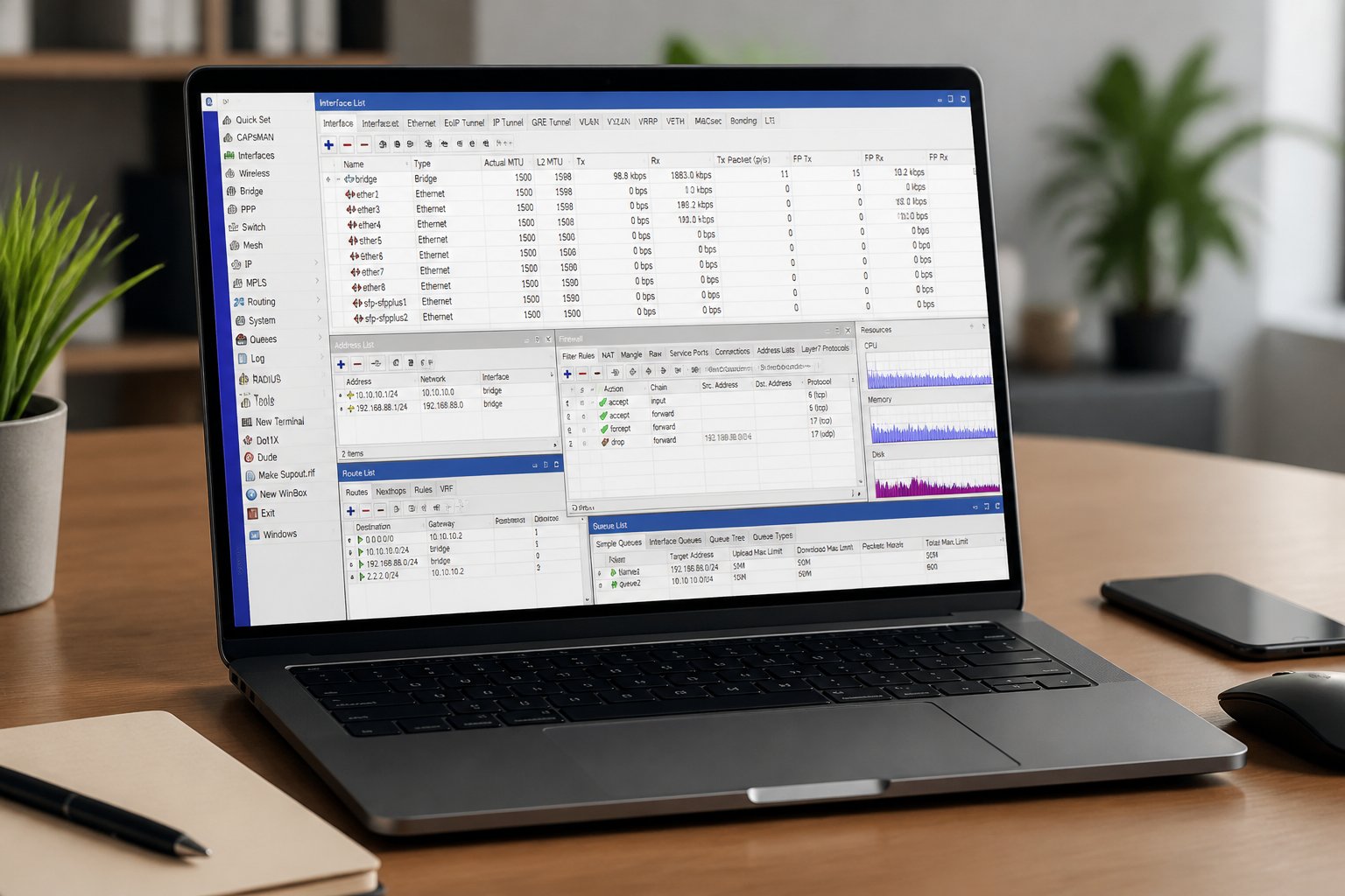 A laptop on a wooden desk showing network management software with office items around it.
