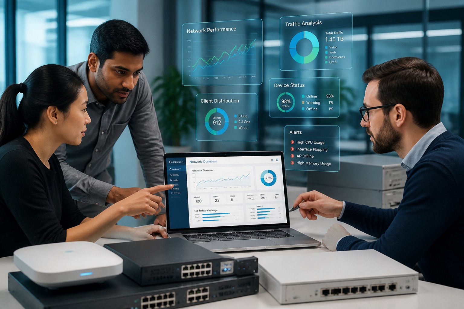 A group of professionals working together around a laptop and network devices in a bright office.