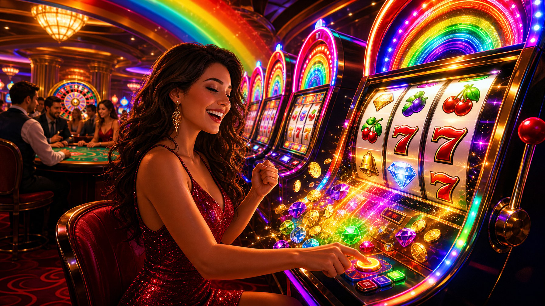 A Lively Casino Interior With Colorful Slot Machines Glowing In Rainbow Colors And A Happy Player Using A Slot Machine Surrounded By Spinning Reels.