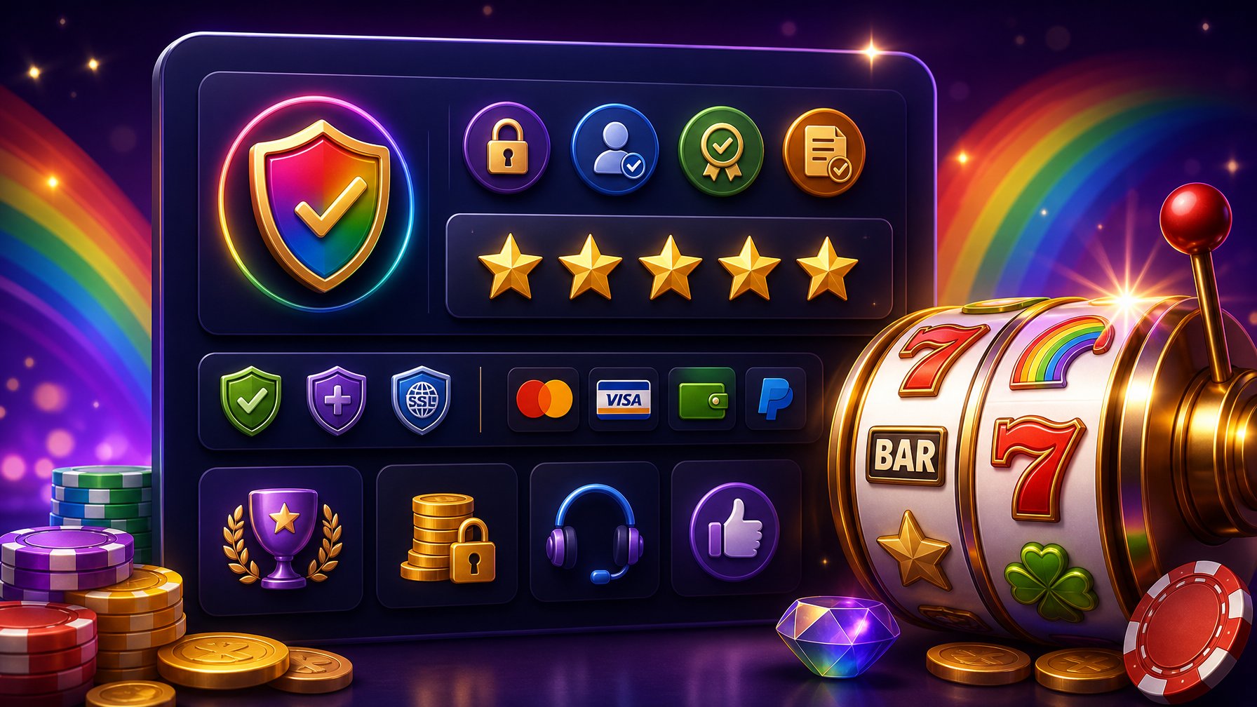 A Digital Dashboard Showing Trust Icons And Colorful Spinning Casino Reels With RainbowInspired Colors.