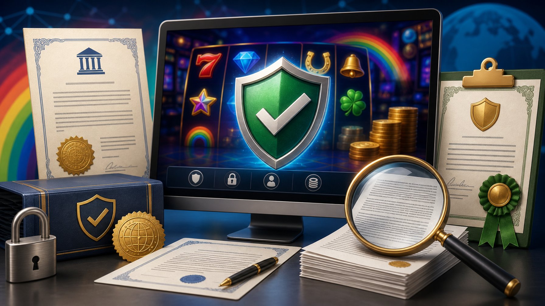 A Computer Screen Showing A Digital Casino Interface With Slot Machine Symbols, A Shield With A Checkmark Symbolizing Security, And Official Documents Representing Licensing And Ownership Around It.