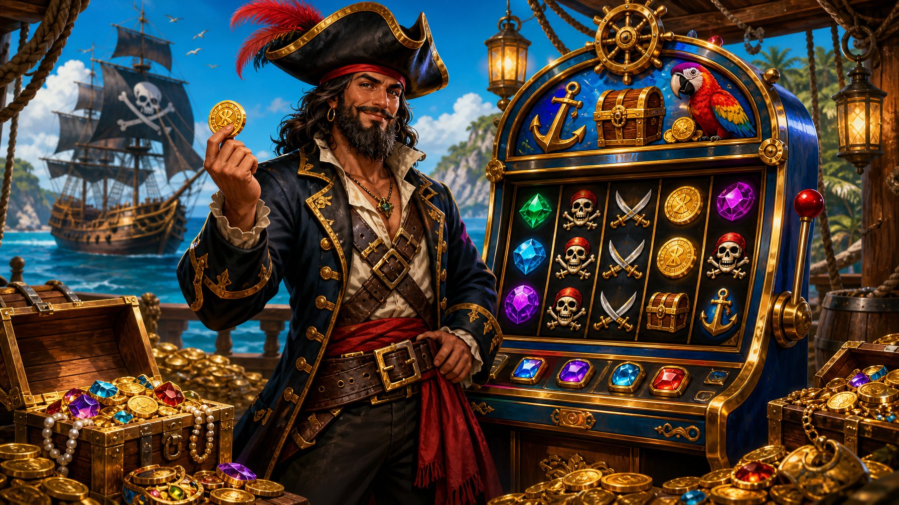 A Pirate Captain Standing Beside A Colorful Slot Machine Decorated With Pirate Symbols, Surrounded By Treasure Chests And Gold Coins On A Ship Deck With A Pirate Ship And Ocean In The Background.