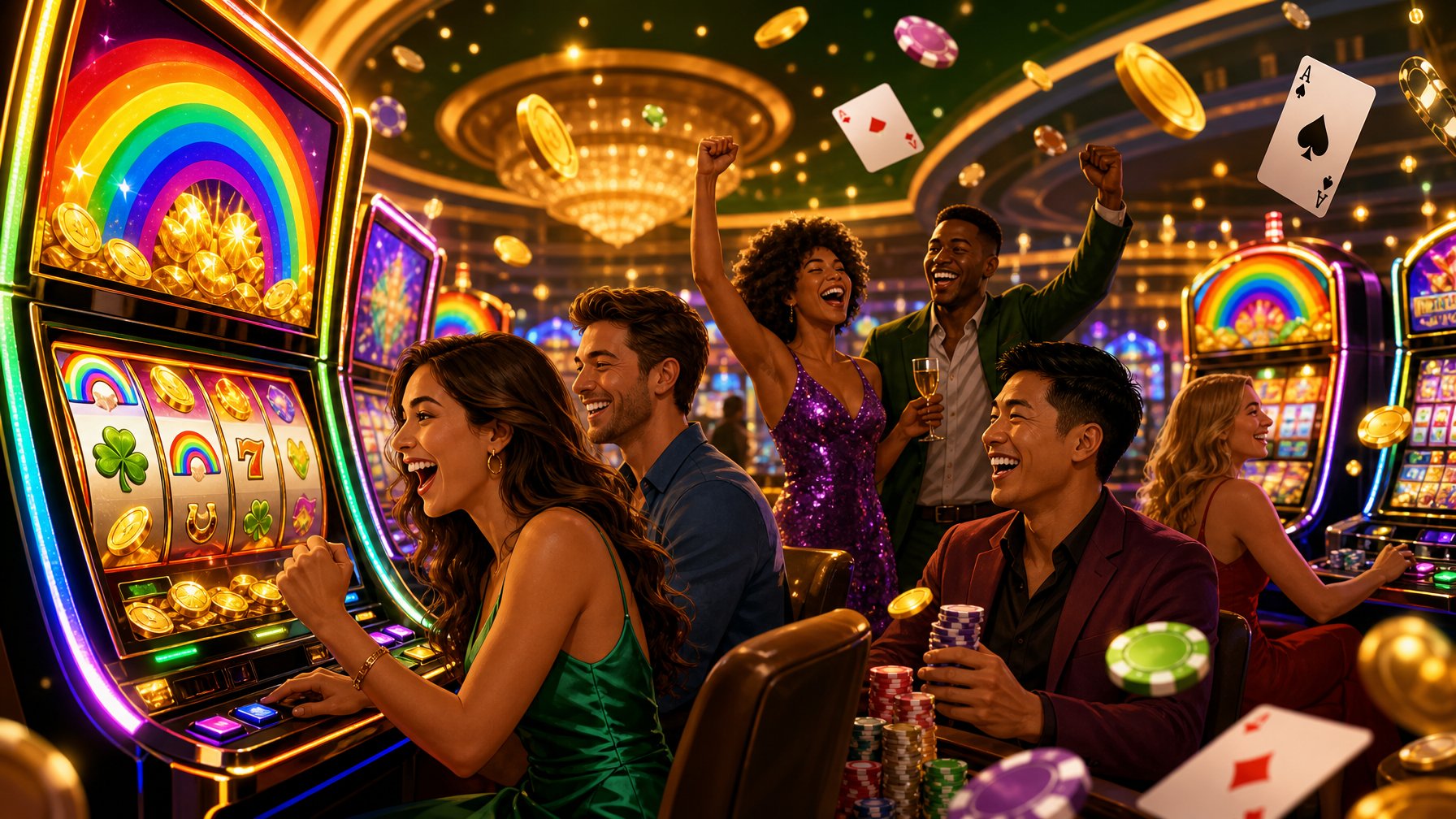 A Vibrant Casino Scene With People Playing Colorful Slot Machines And Celebrating Their Wins Surrounded By Glowing Chips And Coins.