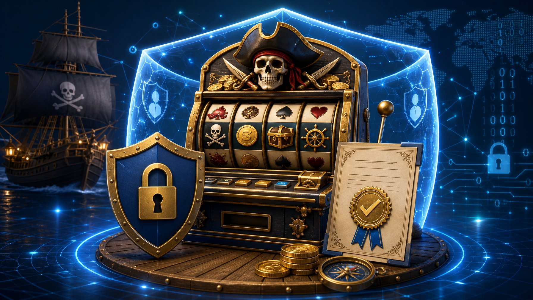 A PirateThemed Slot Machine Surrounded By Security Symbols Like A Shield With A Lock And A Digital Certificate, Set Within A Secure Digital Environment.