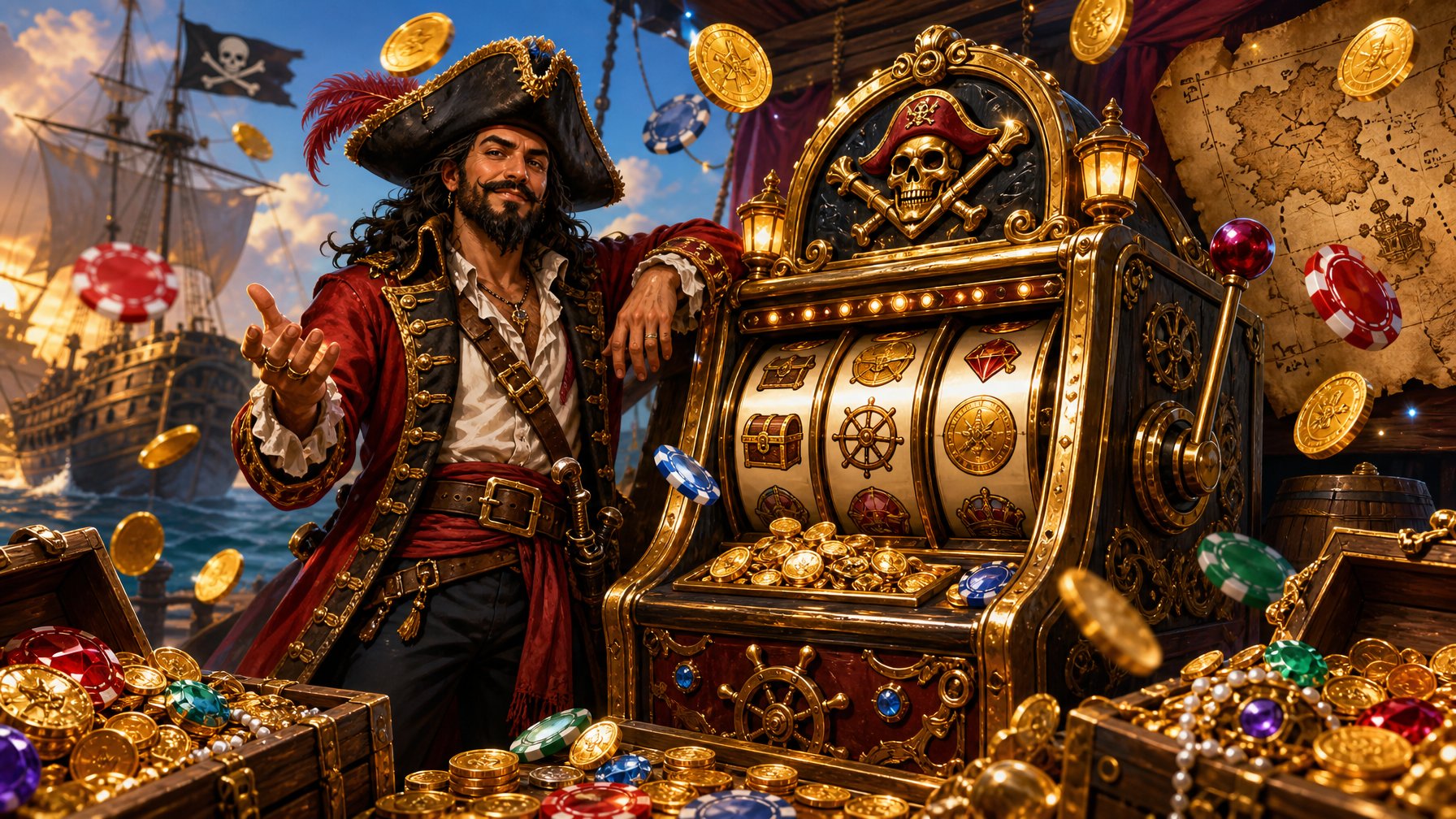 A Pirate Captain Stands Next To A TreasureThemed Slot Machine With Gold Coins And Casino Chips Floating Around, With A Pirate Ship And Treasure Map In The Background.