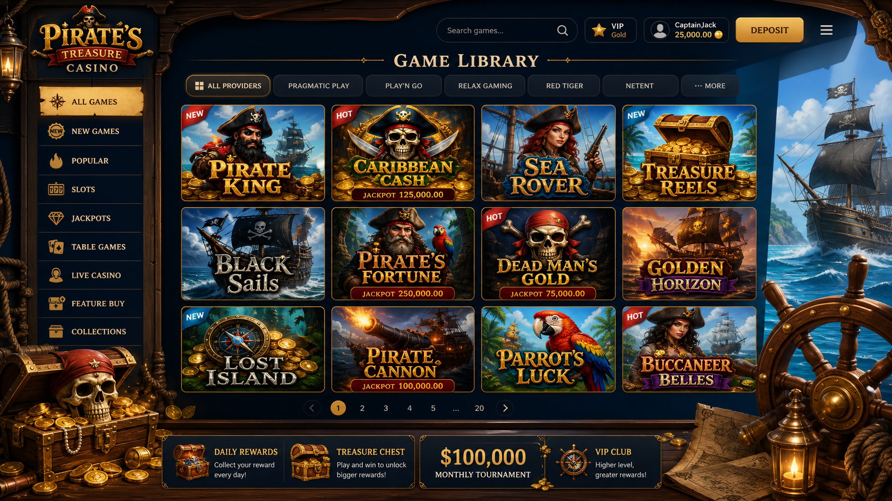 A Digital Casino Game Library Screen Showing Various PirateThemed Slot Machine Icons With Treasure Chests, Pirate Ships, And Gold Coins.