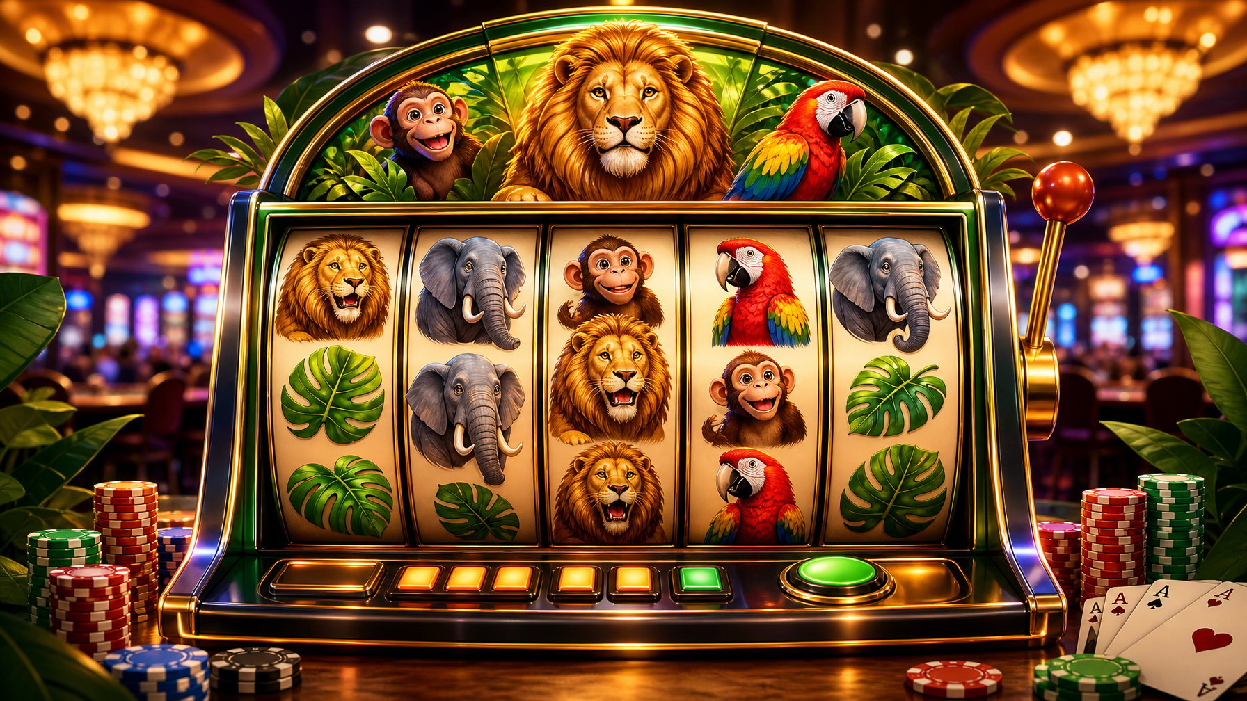 A Casino Slot Machine Displaying Animal Symbols Like Lions, Elephants, Monkeys, And Parrots Inside A Lively Casino Setting With Poker Chips And Glowing Lights.