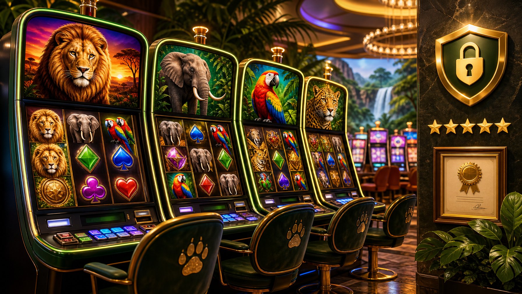 A Casino Slot Machine Area With AnimalThemed Reels And Symbols, Showing Trust Badges And User Rating Icons In The Background.