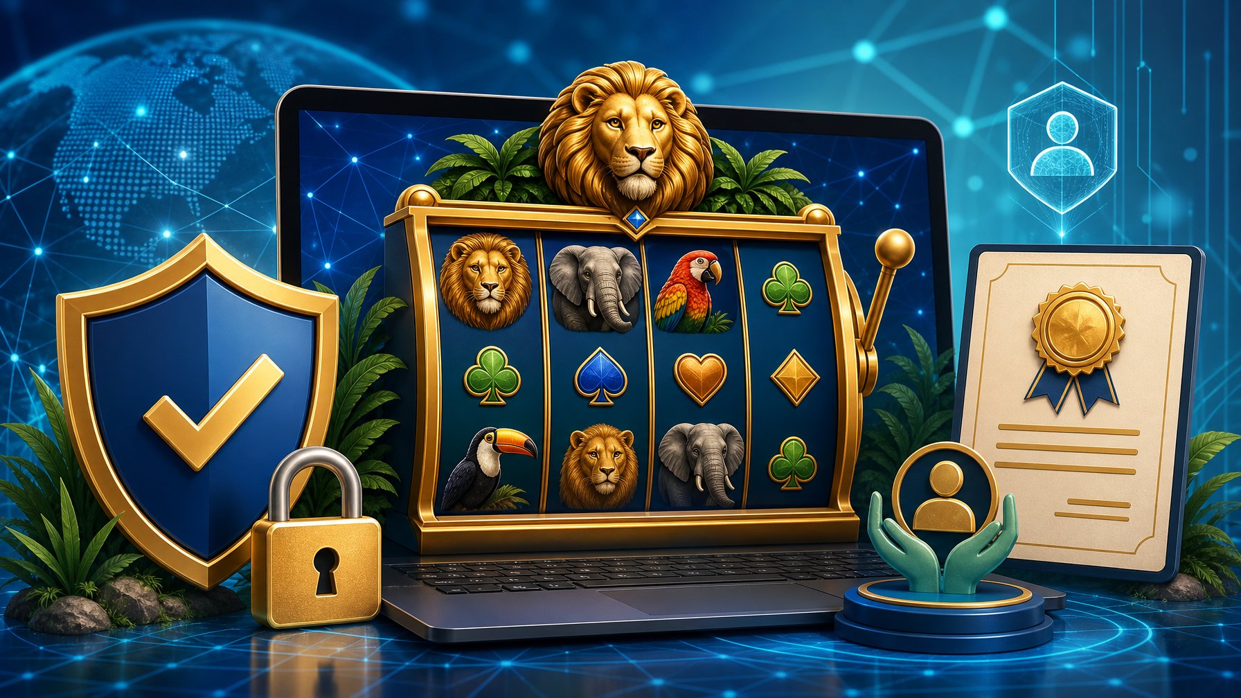 A Slot Machine With Animal Symbols Surrounded By Icons Of Security, Licensing Certificates, And A Shield, Set Against A Digital Background Representing Player Protection And Trust.