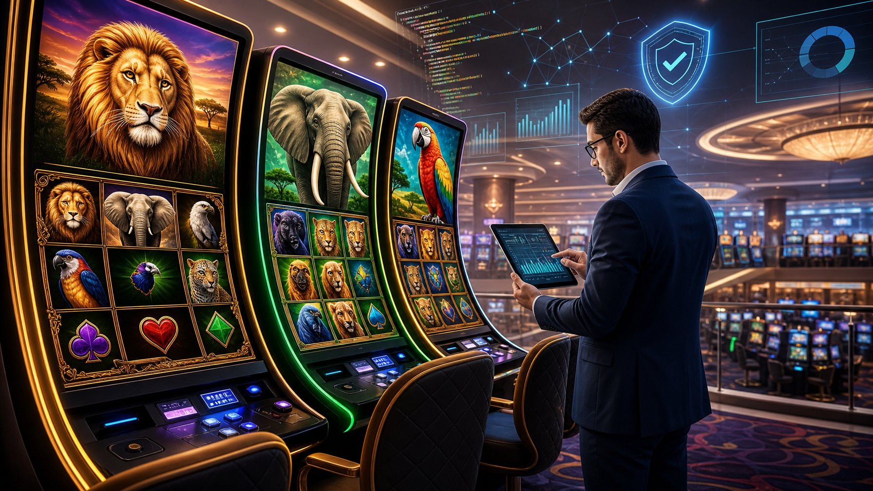 A Casino Interior With AnimalThemed Slot Machines And A Person Checking Software On A Tablet.