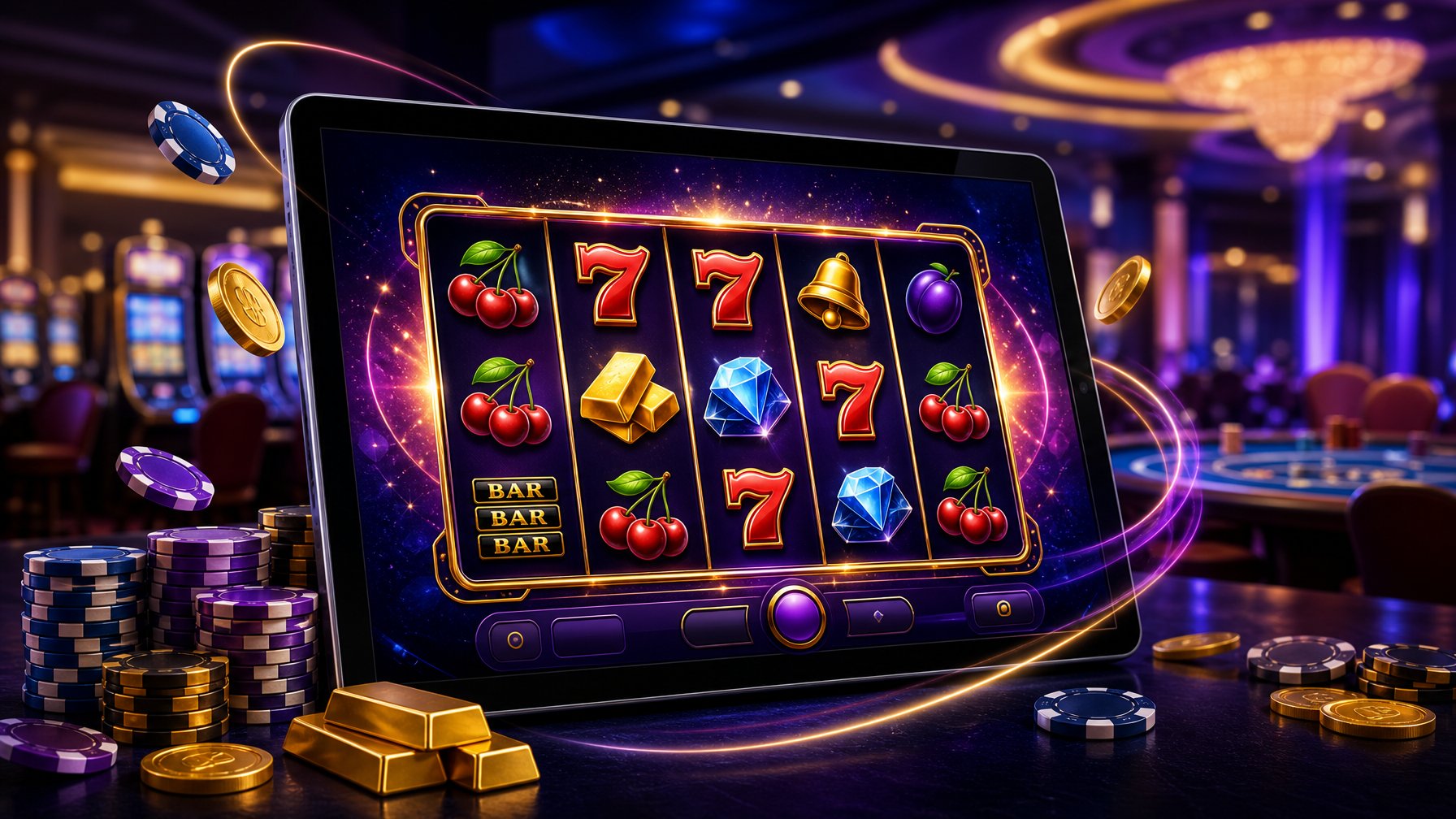 A Digital Casino Scene Showing A Modern Device With Colorful Slot Machine Reels And A Blurred Casino Floor In The Background.