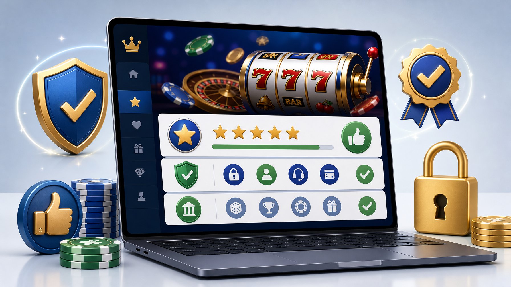 A Laptop Showing A Casino Website With Slot Machine Graphics And Trust Icons Like Stars, Checkmarks, And A Shield Symbol Around It.