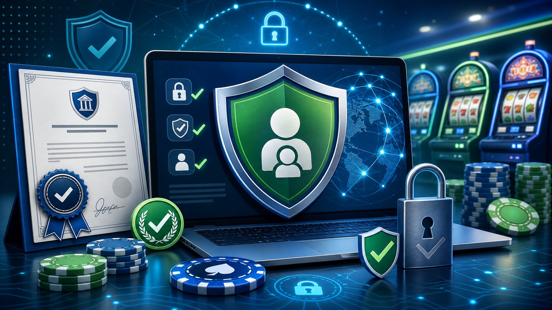 A Secure Digital Environment With Symbols Of Protection, Licensing Certificates, And Casino Elements Like Slot Machines And Chips.