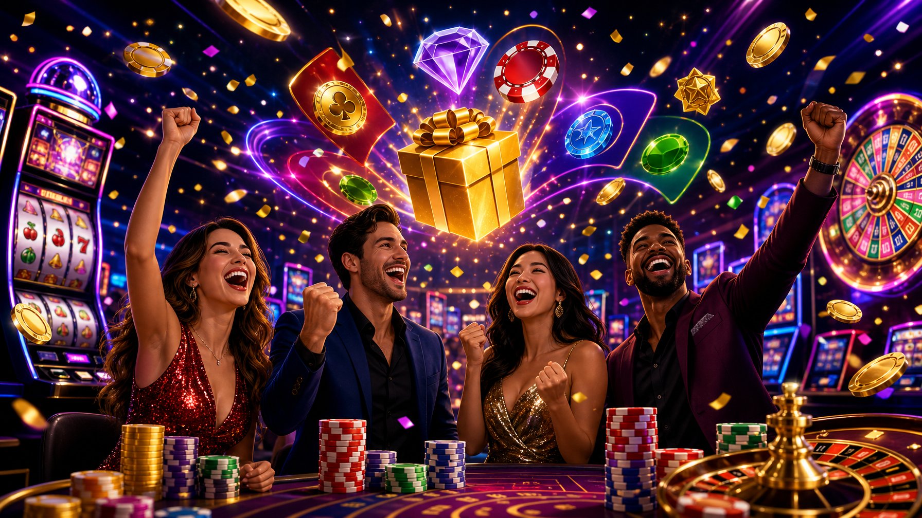 A Lively Casino Scene With People Celebrating Around Slot Machines, Poker Chips, And Coins, Illustrating Casino Promotions And Welcome Offers.