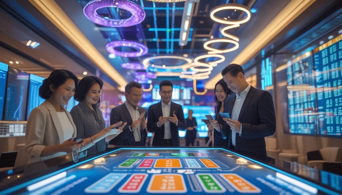 Sekelompok orang dewasa yang bahagia menggunakan perangkat digital di dalam ruangan modern dengan pemandangan kota Macau di latar belakang.