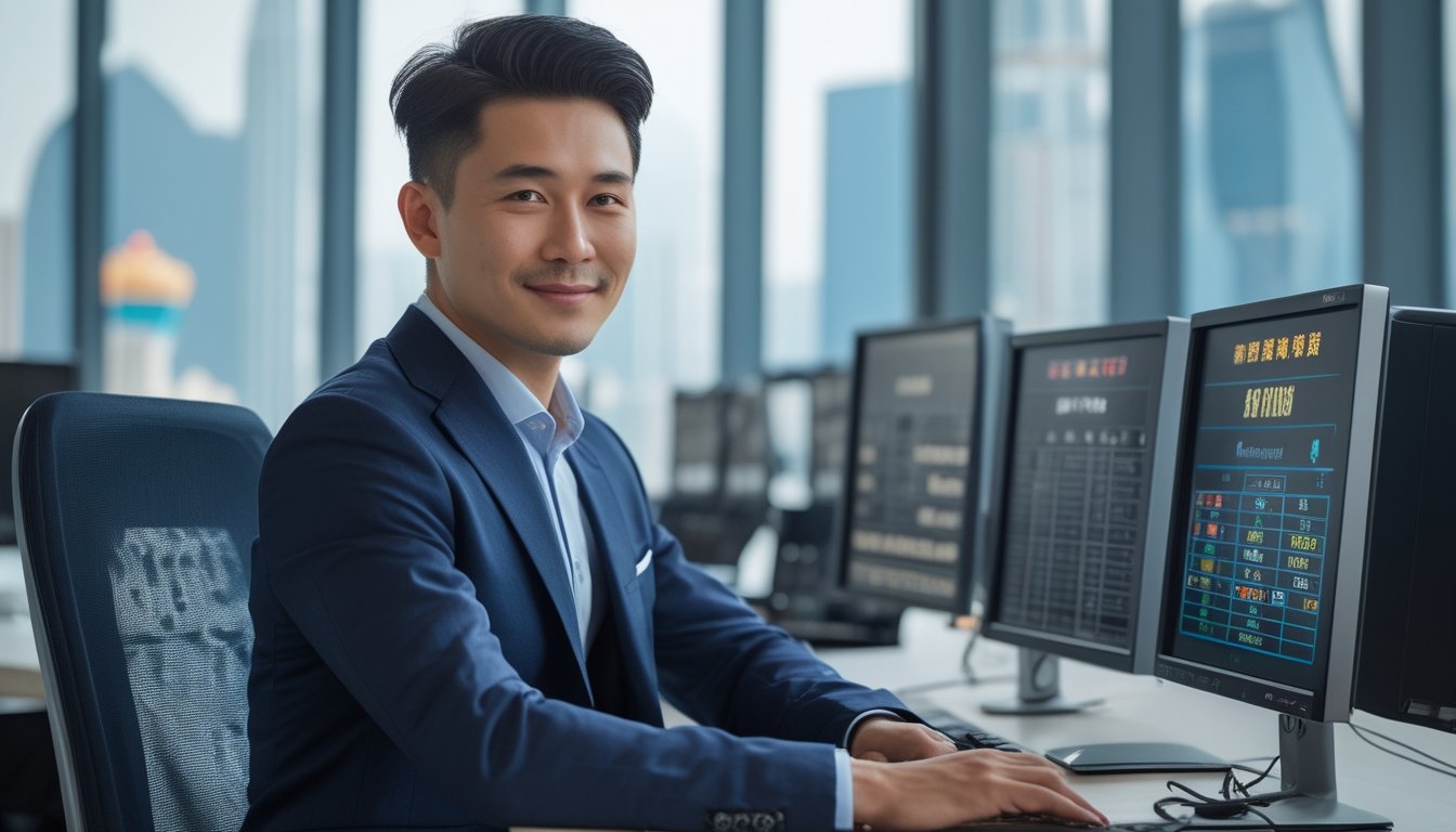 Seorang pria Asia berpakaian rapi duduk di meja kantor modern dengan beberapa layar komputer menampilkan data lotere, latar belakang menunjukkan pemandangan kota Macau melalui jendela besar.
