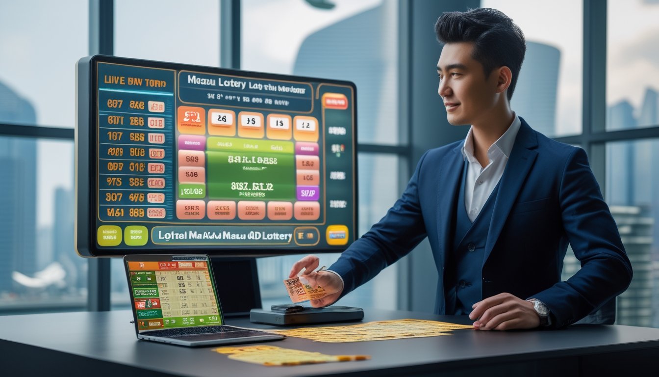 Seorang pria Asia di ruangan modern dengan papan angka undian dan pemandangan kota Macau di latar belakang, menunjukkan suasana pengundian togel Macau secara langsung.