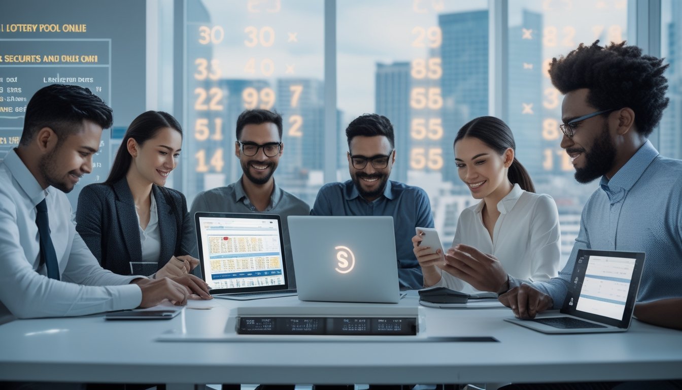 Orang-orang bekerja di kantor modern dengan perangkat digital yang menampilkan hasil lotere dan aktivitas taruhan.