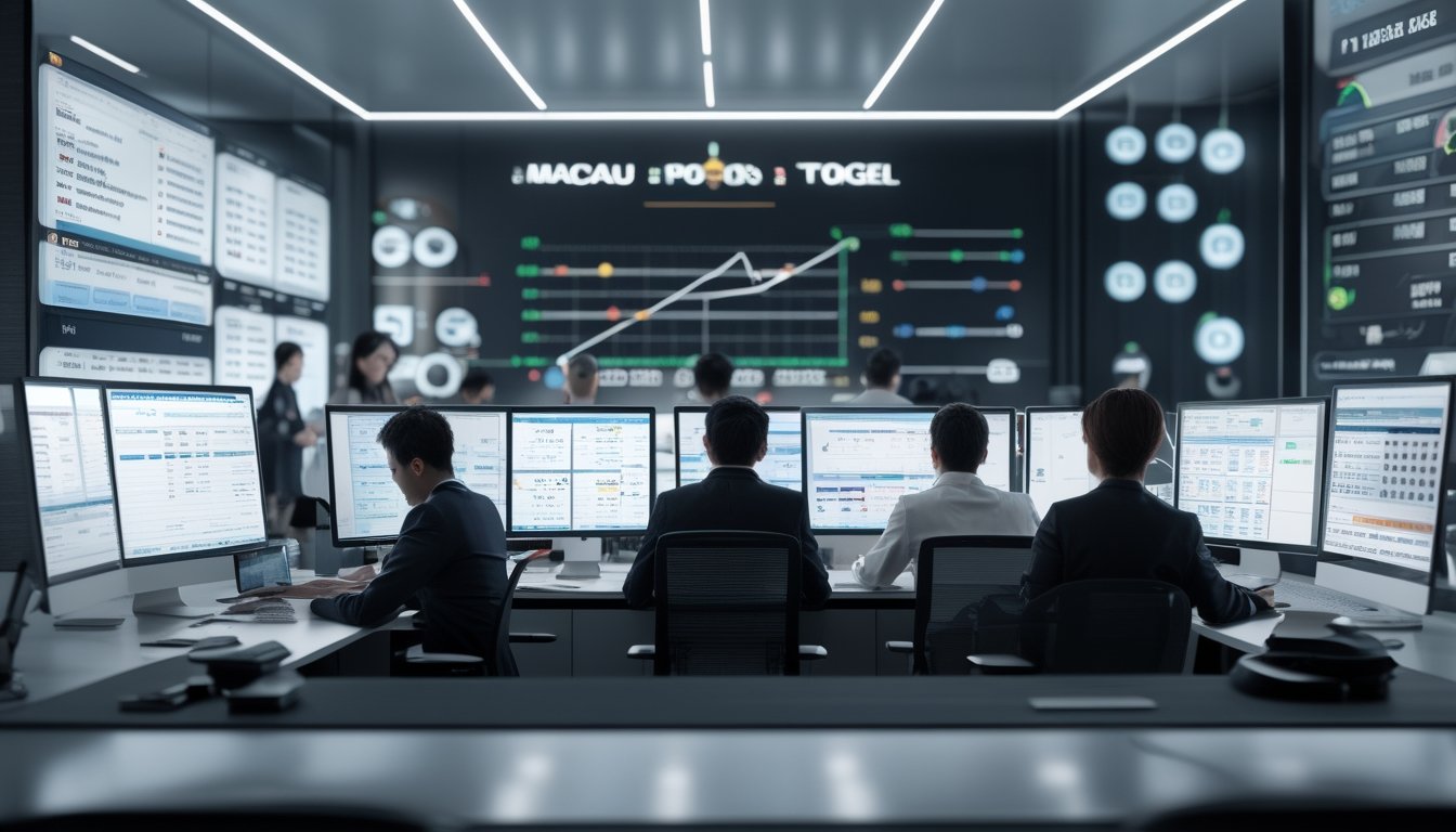 Orang-orang bekerja di kantor modern dengan beberapa layar komputer yang menampilkan data dan grafik terkait sistem togel dan Macau Pools.