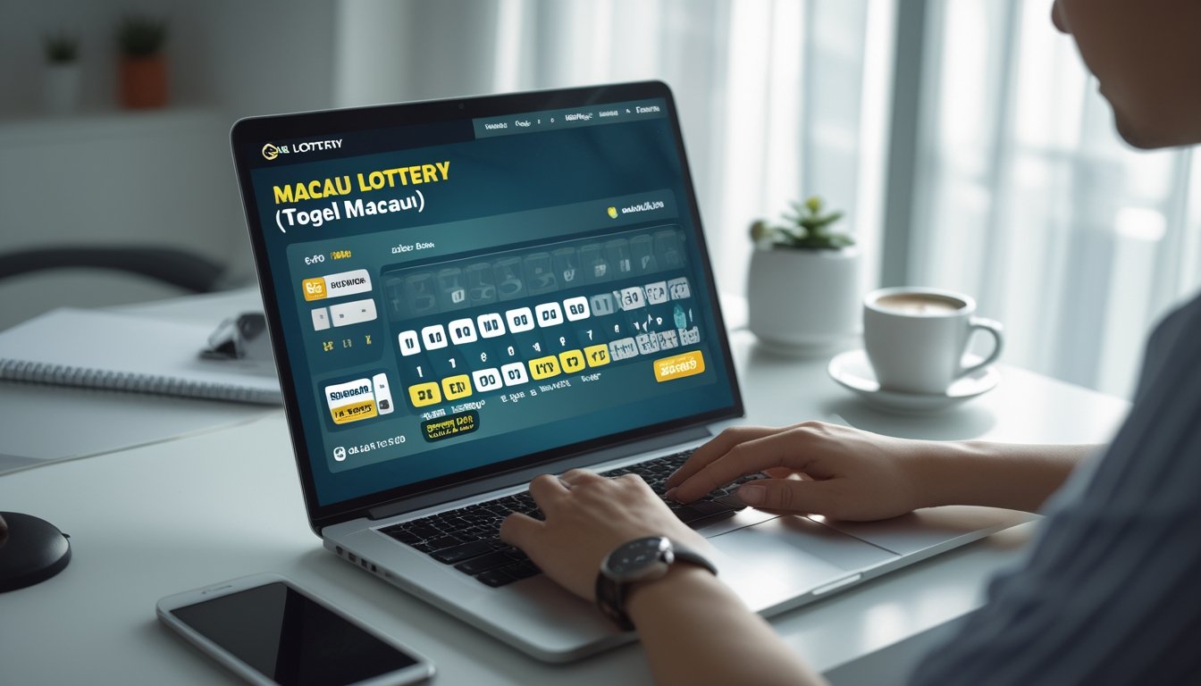 Seseorang menggunakan laptop di meja kerja dengan tampilan situs lotere online, dikelilingi oleh smartphone dan secangkir kopi.