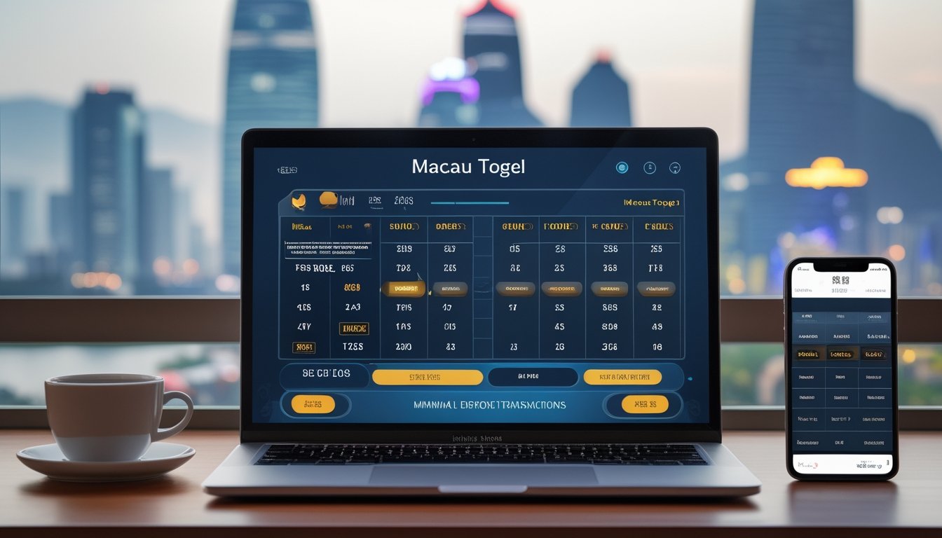 Seorang pria menggunakan laptop dan ponsel untuk bermain togel Macau online di meja kerja dengan latar belakang kota Macau.