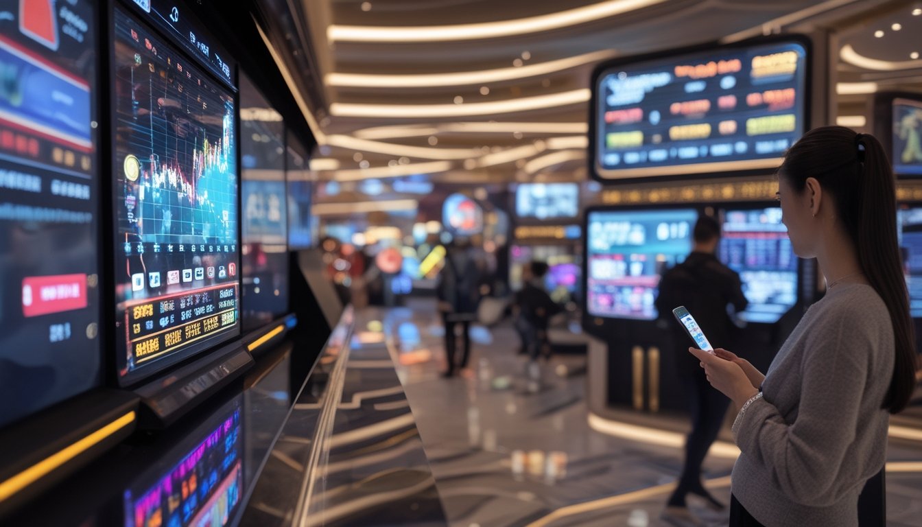Suasana modern di dalam ruangan dengan layar digital menampilkan hasil lotere secara langsung dan orang-orang menggunakan ponsel untuk memeriksa hasil.