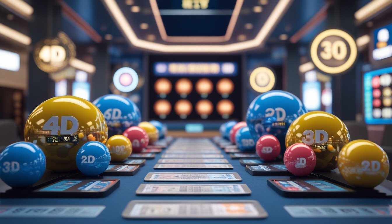 Suasana profesional di ruang permainan lotere dengan bola lotere berwarna-warni, tampilan angka digital, dan latar belakang pemandangan kota Macau.