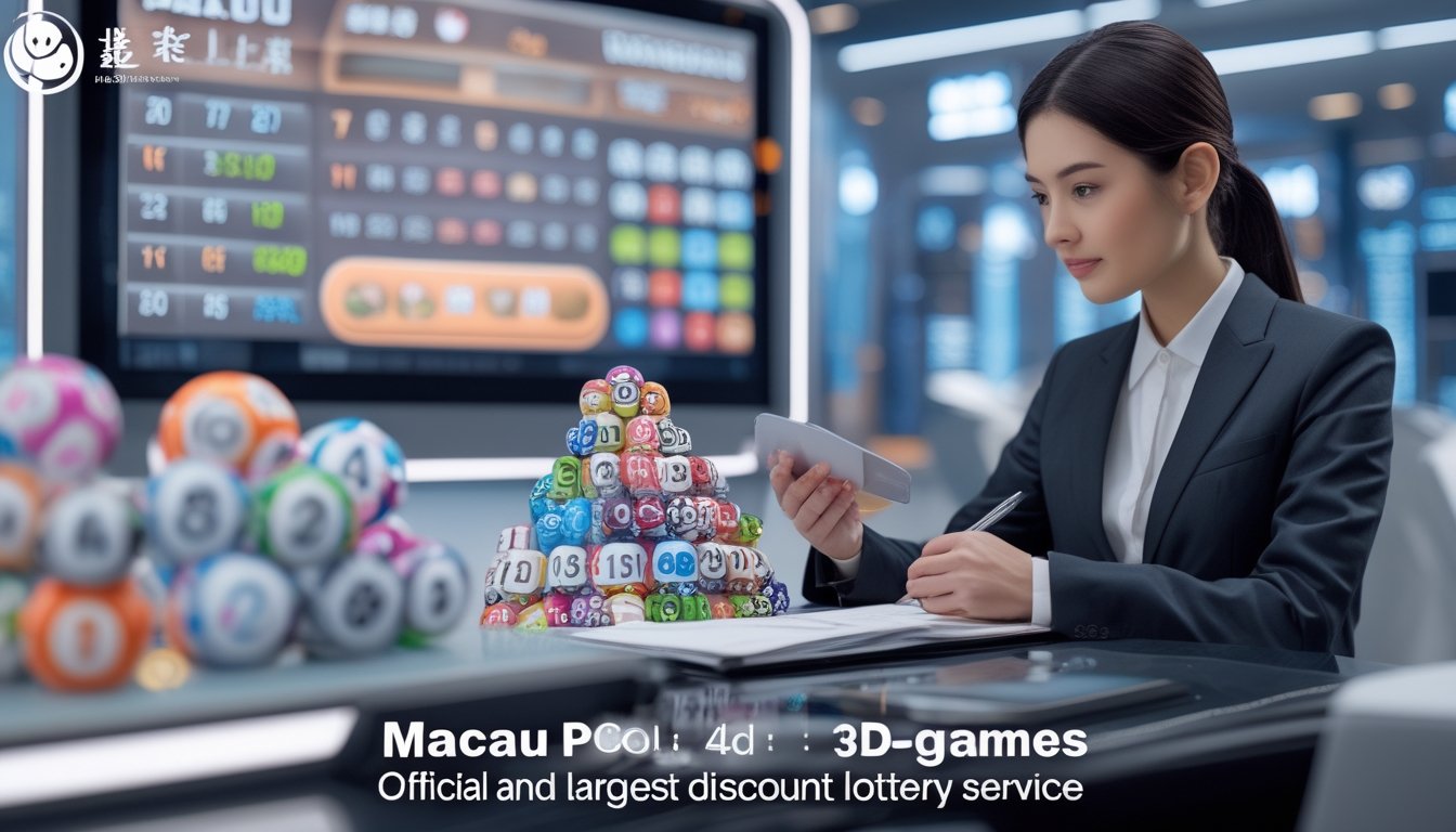 Seseorang sedang menganalisis angka lotre dengan bola lotre dan layar digital di sebuah meja modern dengan latar belakang kota Macau.