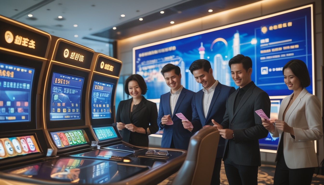Suasana kasino modern dengan orang-orang memeriksa tiket lotere dan mesin lotere digital di dalam ruangan yang terang dan mewah.