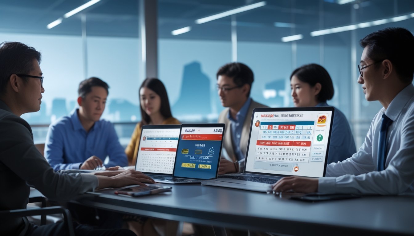 Sekelompok orang dewasa sedang menggunakan perangkat digital di meja dengan latar belakang kota Macau, fokus pada aktivitas taruhan togel.