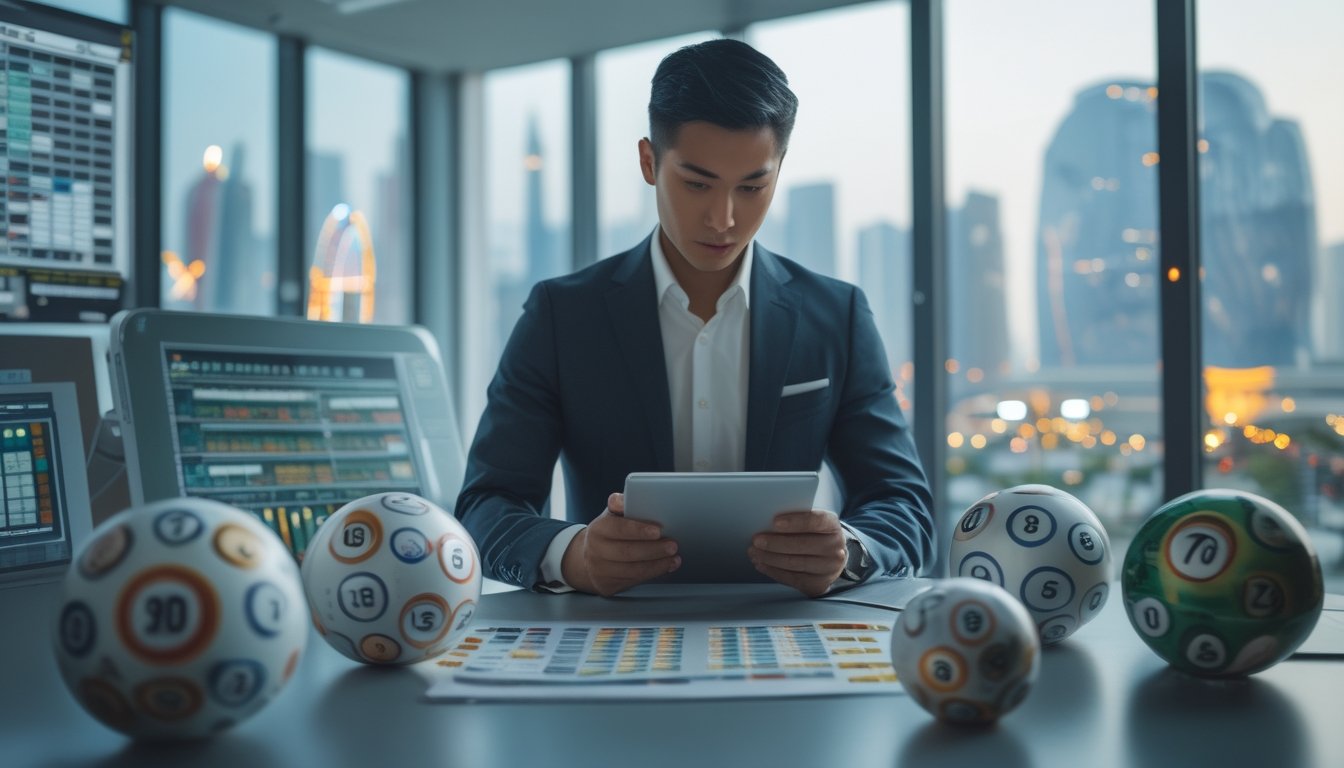 Seorang pria Asia berpakaian rapi sedang menganalisis data di kantor modern dengan latar belakang pemandangan kota Macau.