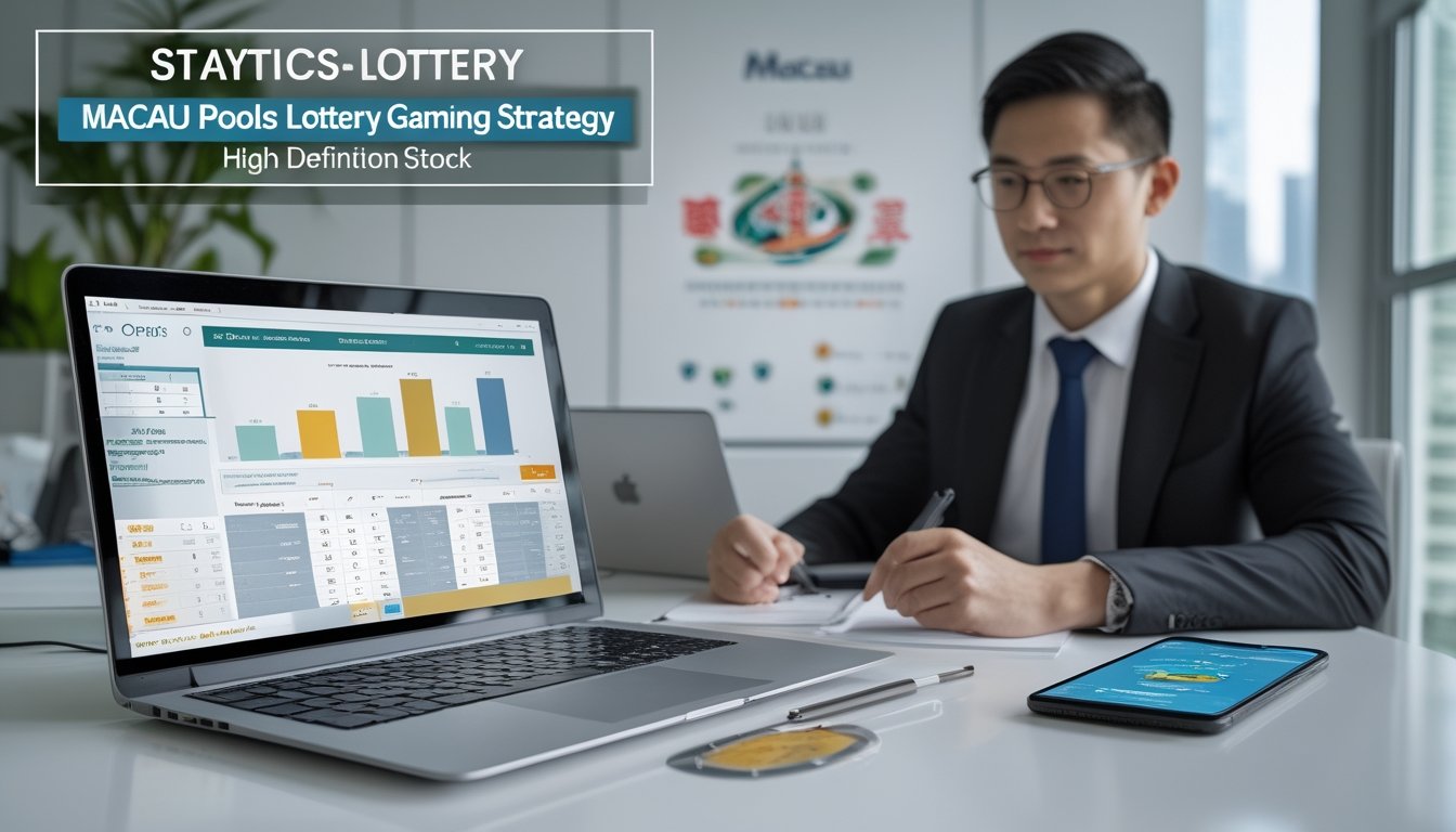 Seorang profesional sedang menganalisis data togel Macau di ruang kantor yang rapi dengan laptop, catatan, dan ponsel di meja.