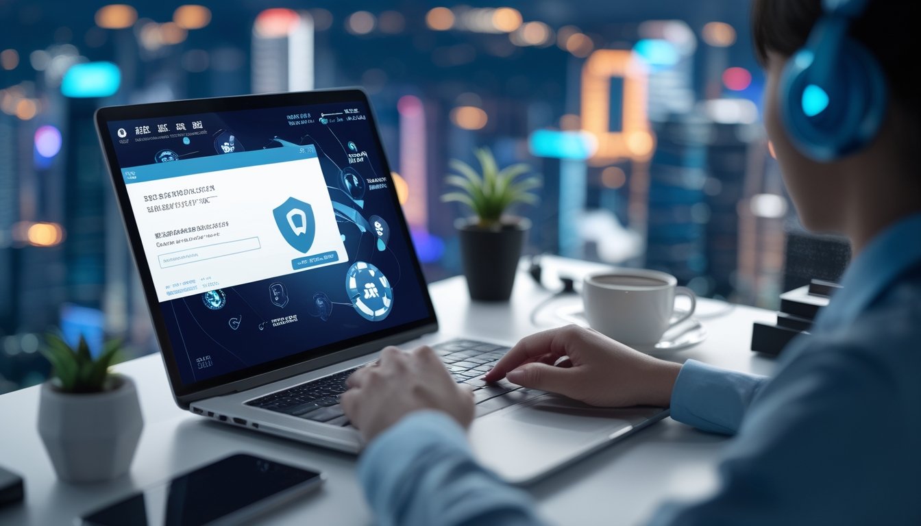 Seseorang menggunakan laptop dengan tampilan koneksi VPN yang aman di meja kerja modern dengan pemandangan kota malam hari di latar belakang.